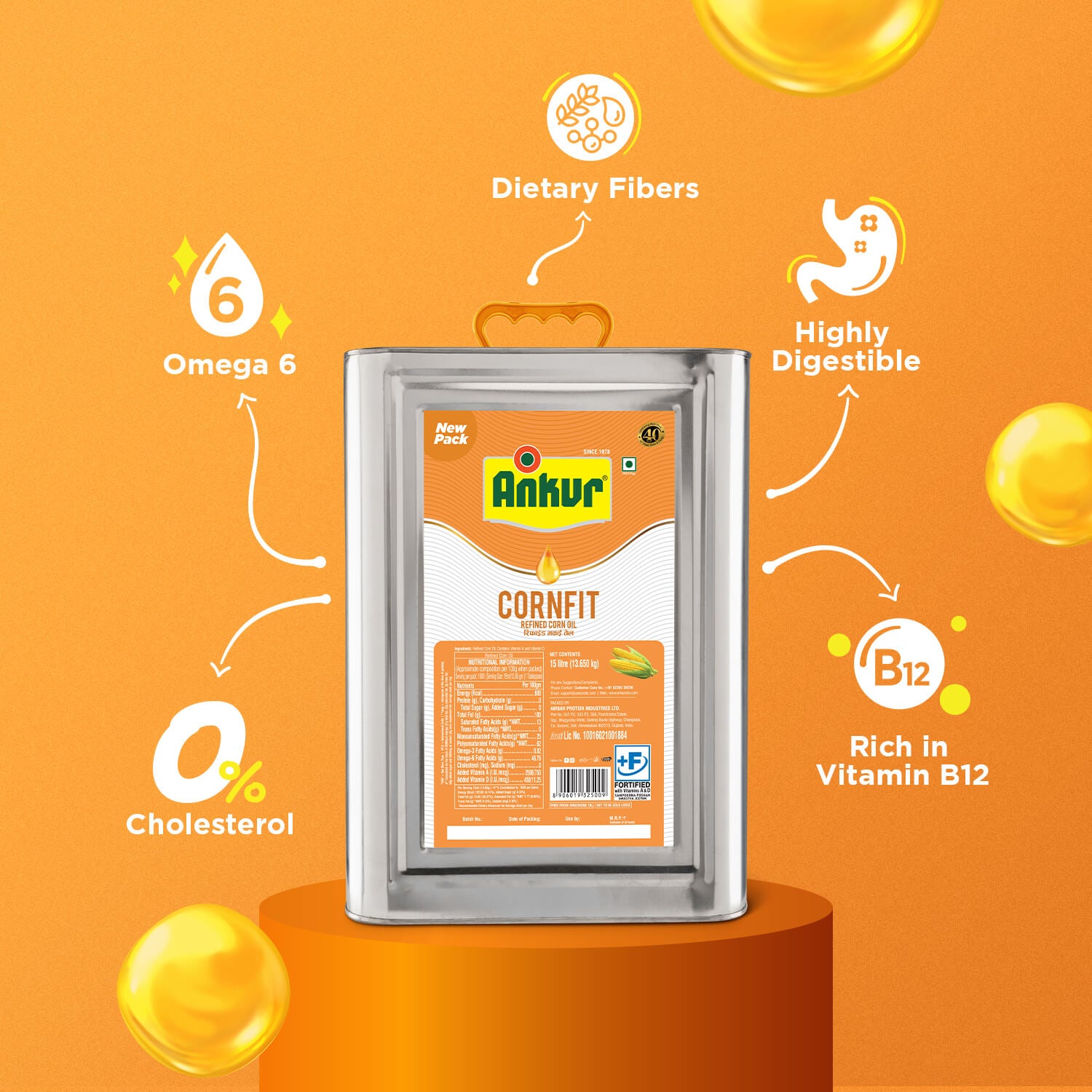 Refined Corn Oil 13 KG Tin - Ankur Oil Industries