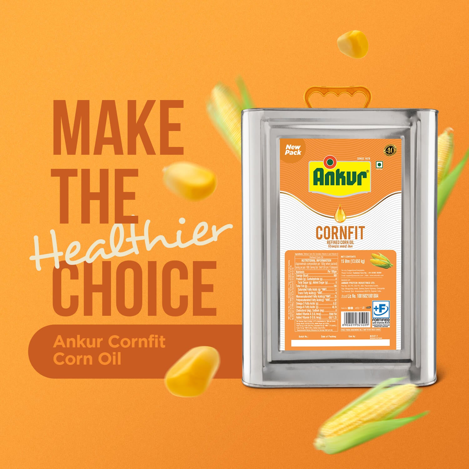 Refined Corn Oil 13 KG Tin - Ankur Oil Industries