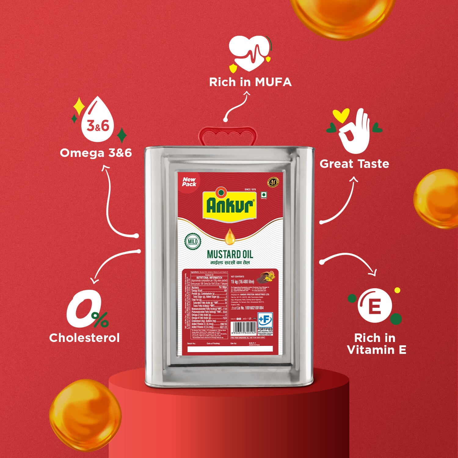 Mild Mustard Oil 15KG Tin - Ankur Oil Industries