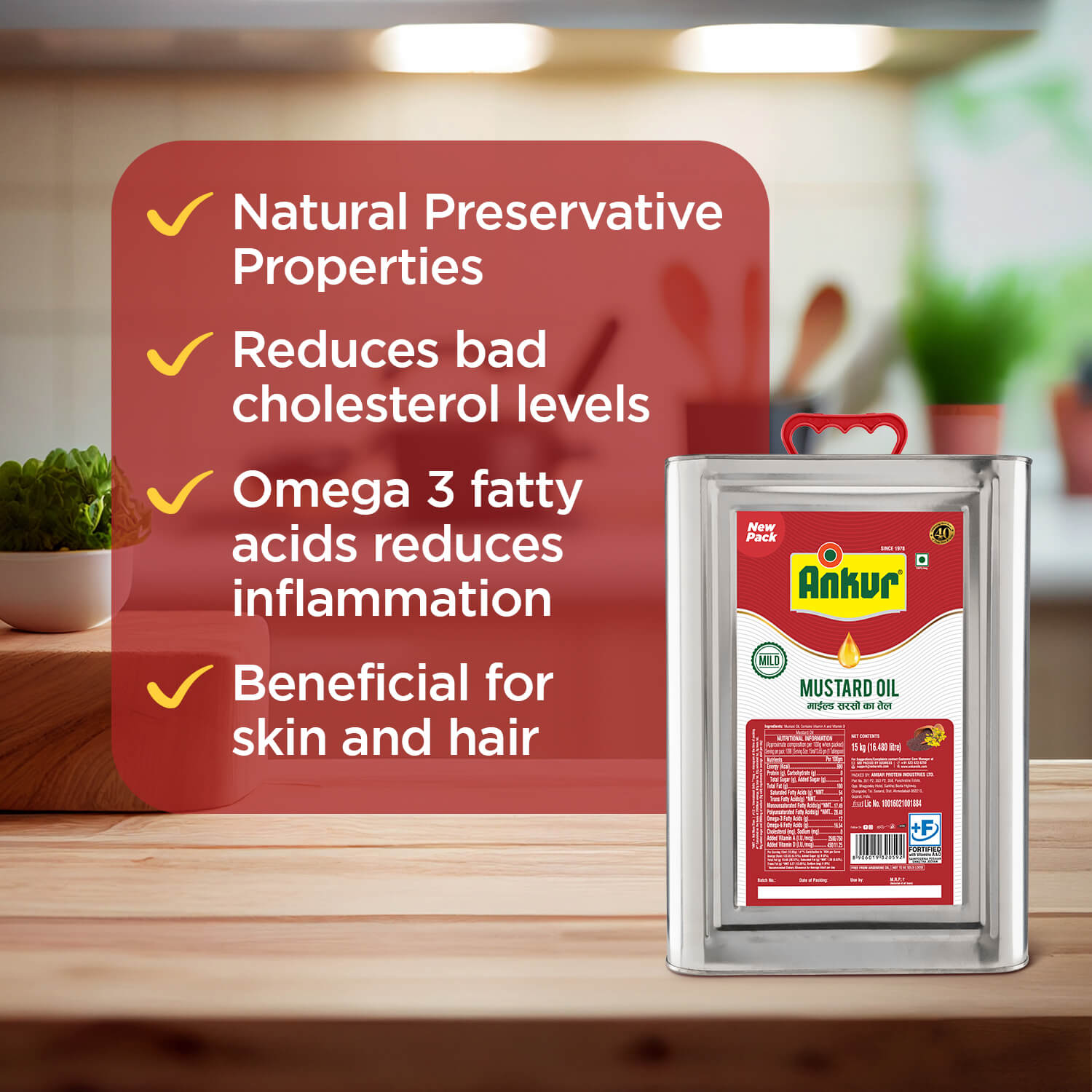 Mild Mustard Oil 15KG Tin - Ankur Oil Industries