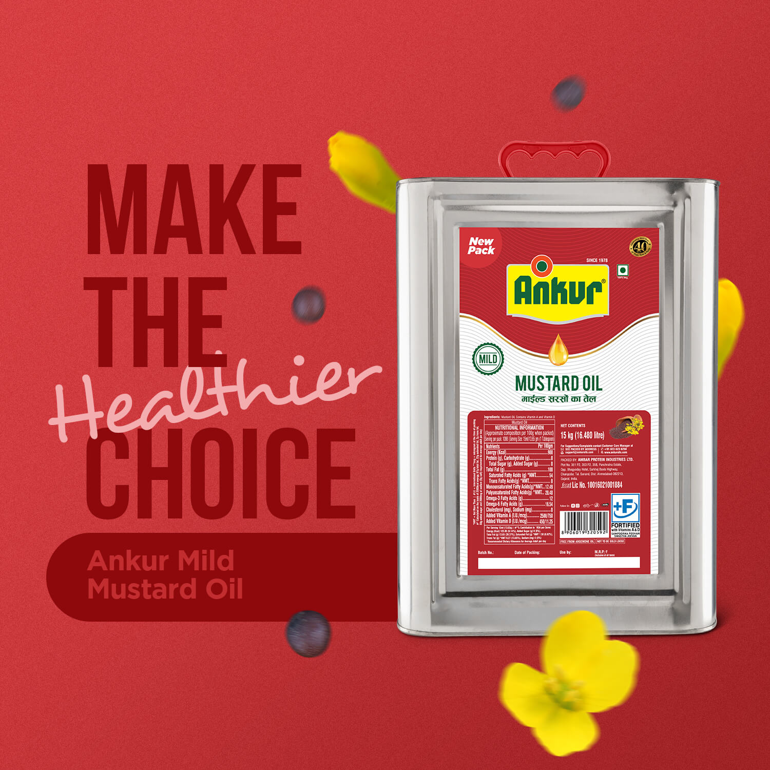 Mild Mustard Oil 15KG Tin - Ankur Oil Industries