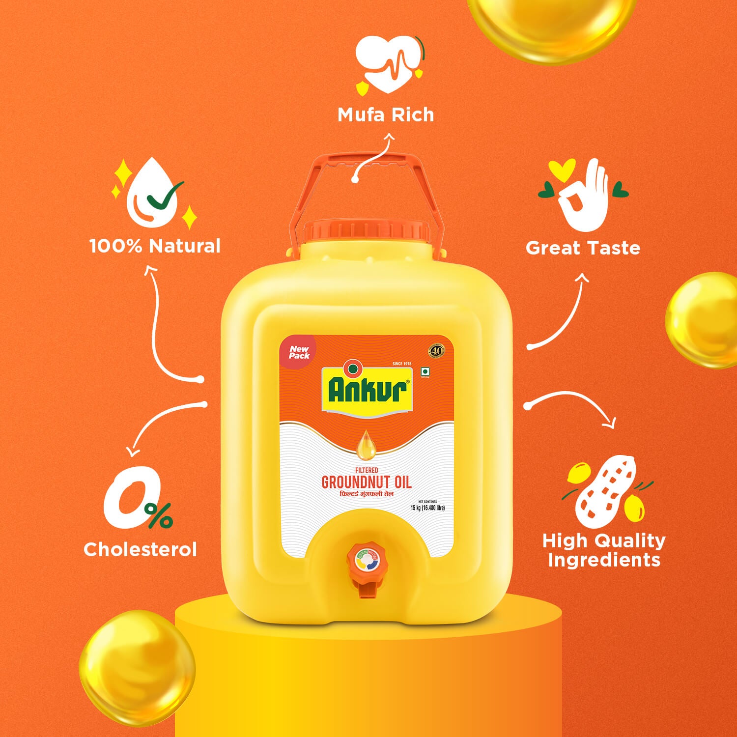 Filtered Groundnut Oil 15 KG Tap Jar - Ankur Oil Industries