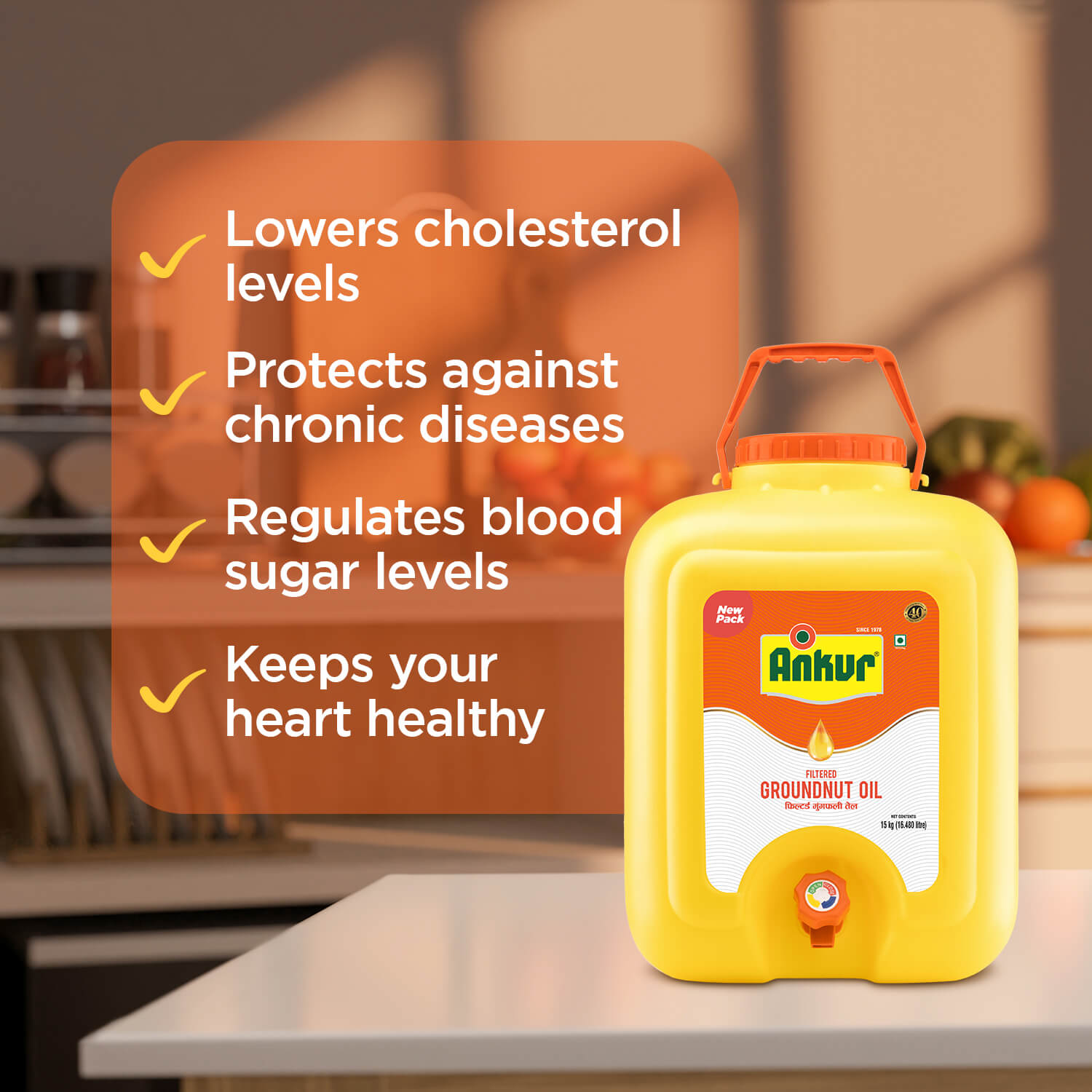 Filtered Groundnut Oil 15 KG Tap Jar - Ankur Oil Industries